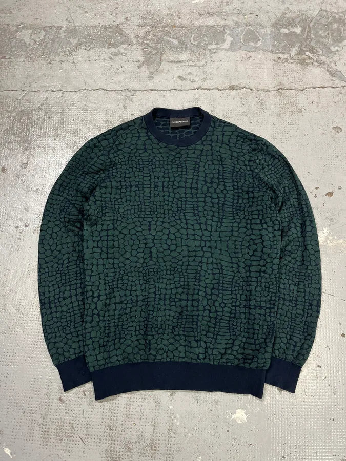 2010s Emporio Armani Dark Green Crocodile Effect Wool Sweater VMwEbll 0