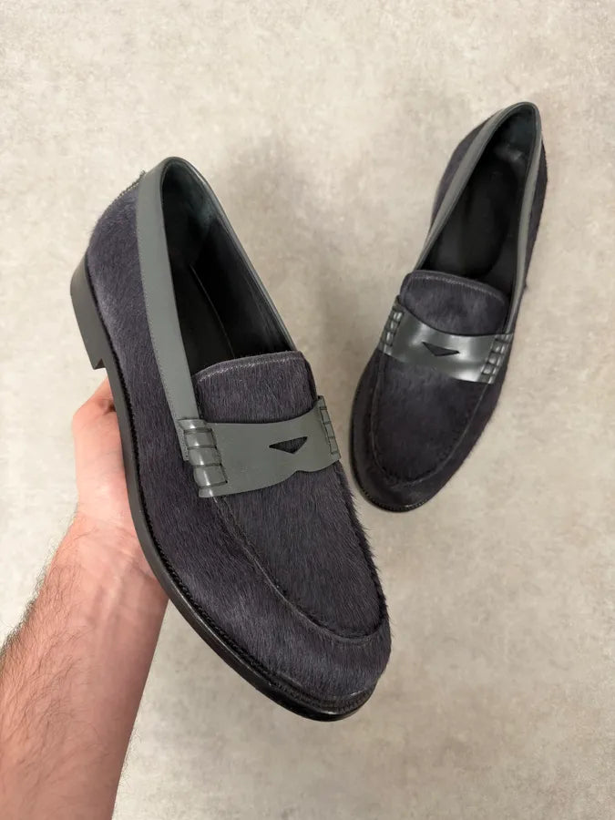 2010s Emporio Armani Grey Pony Hair Leather Loafers UjwbBEh 0