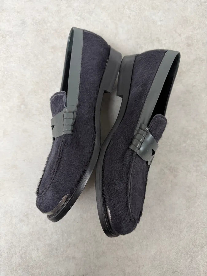 2010s Emporio Armani Grey Pony Hair Leather Loafers UjwbBEh 6