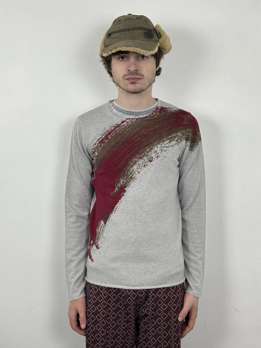 2010s Emporio Armani Grey Red Painted Line Sweater BqLplzQ 3