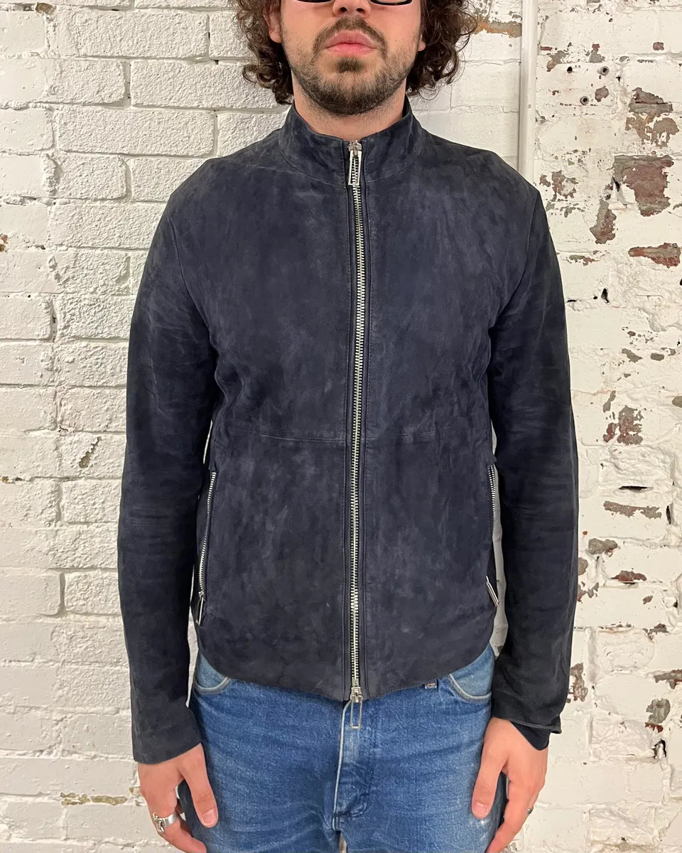 2010s Emporio Armani Navy Goat Suede Leather Jacket NTKHByD 1