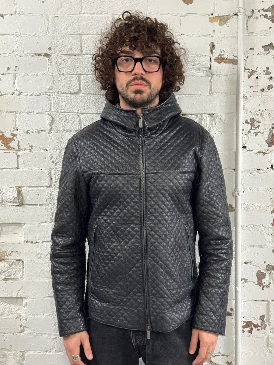 2010s Emporio Armani Quilted Black Ninja Hooded Leather Jacket yhGhbtI 1
