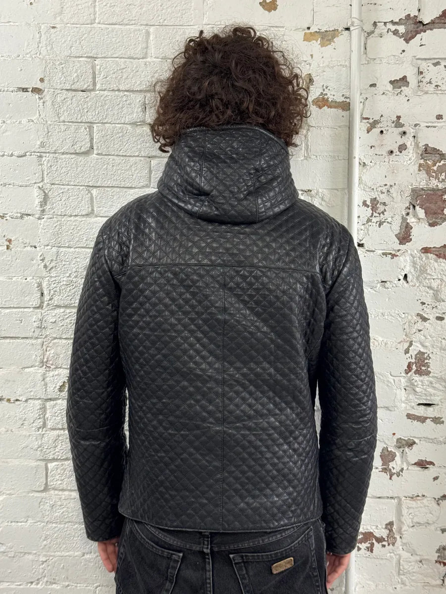 2010s Emporio Armani Quilted Black Ninja Hooded Leather Jacket yhGhbtI 2