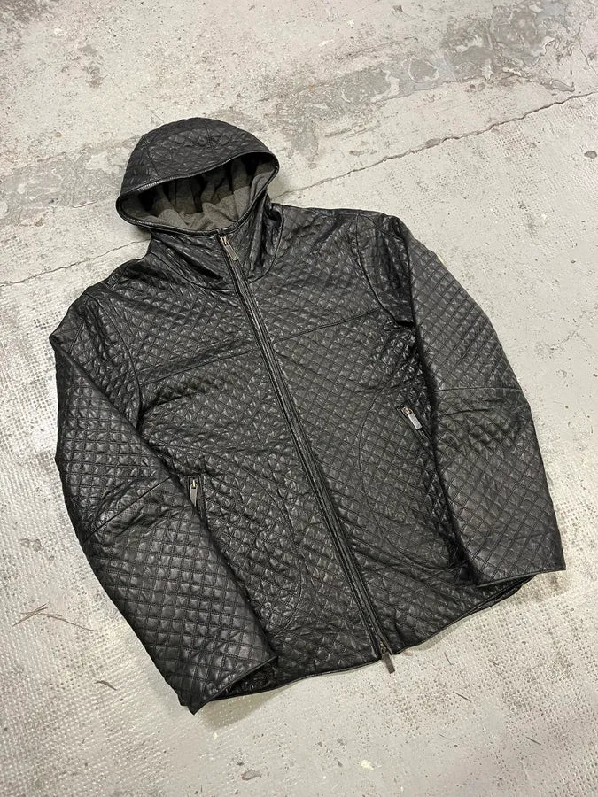 2010s Emporio Armani Quilted Black Ninja Hooded Leather Jacket yhGhbtI 3