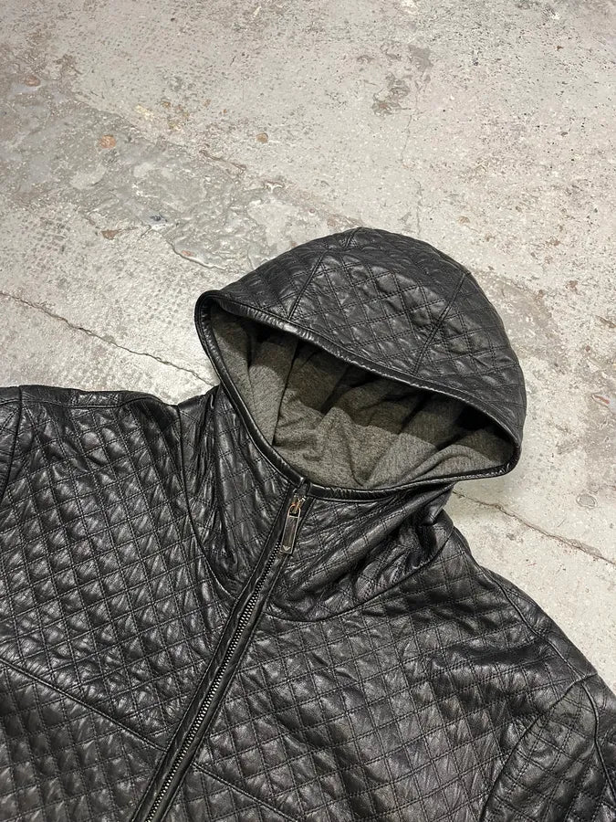 2010s Emporio Armani Quilted Black Ninja Hooded Leather Jacket yhGhbtI 4