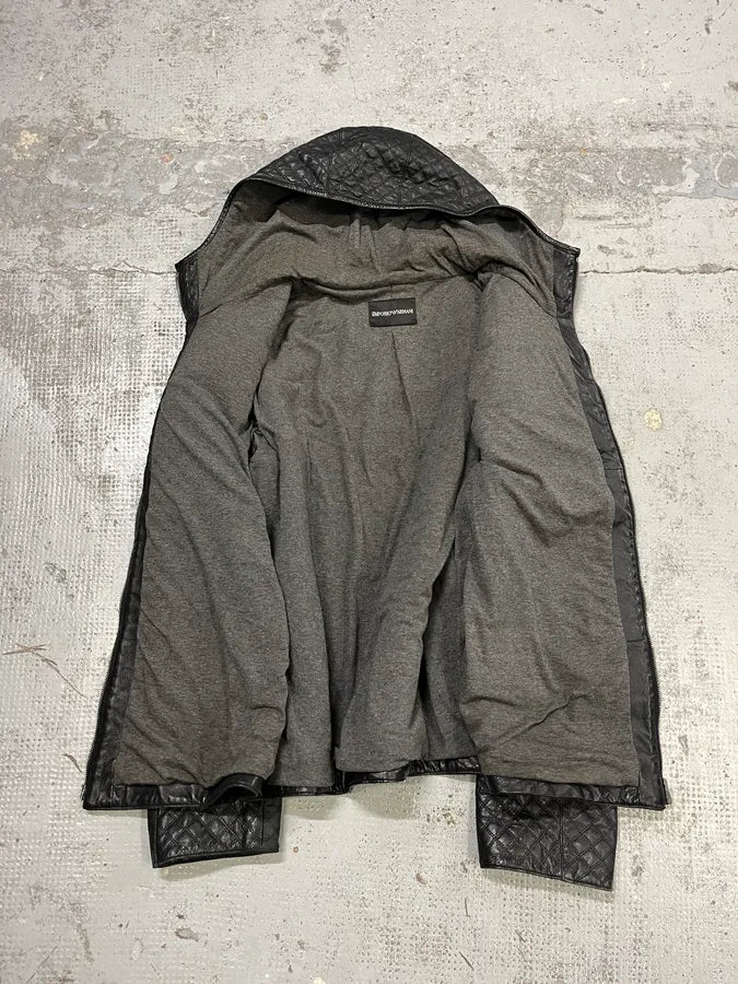 2010s Emporio Armani Quilted Black Ninja Hooded Leather Jacket yhGhbtI 7