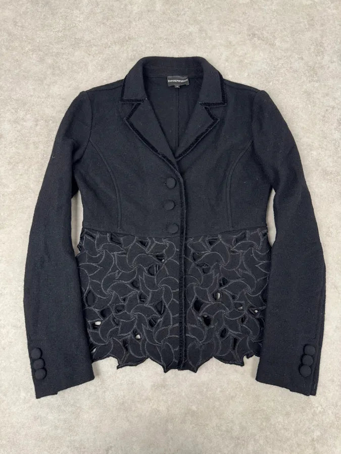 2010s Emporio Armani Wool Perfored Black Lazer Flowers Blazer Jacket ebuVSCB 0