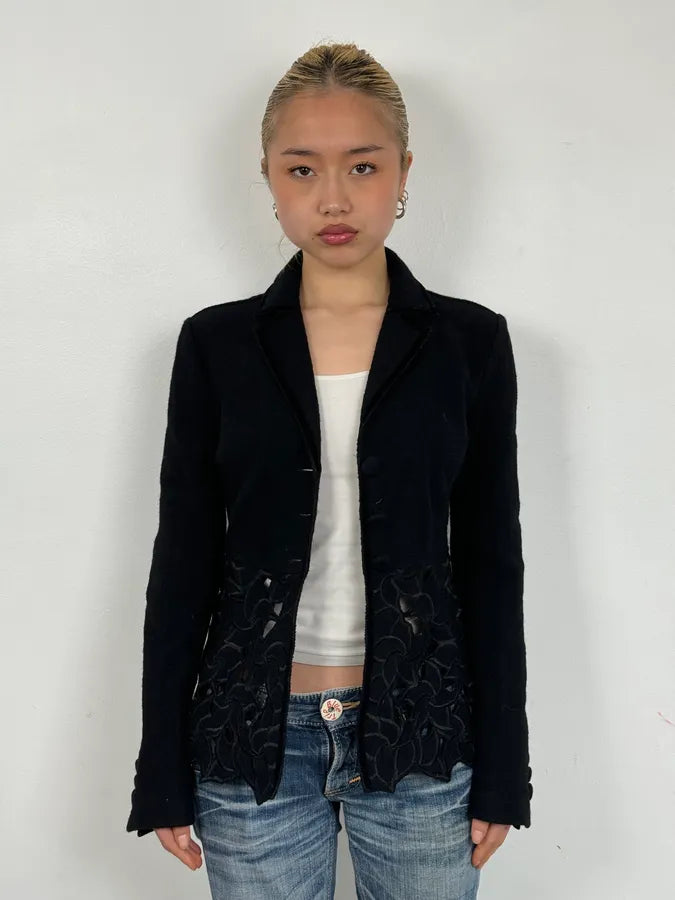 2010s Emporio Armani Wool Perfored Black Lazer Flowers Blazer Jacket ebuVSCB 1