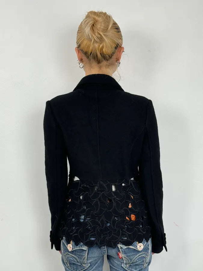 2010s Emporio Armani Wool Perfored Black Lazer Flowers Blazer Jacket ebuVSCB 2
