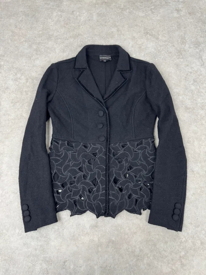 2010s Emporio Armani Wool Perfored Black Lazer Flowers Blazer Jacket ebuVSCB 3