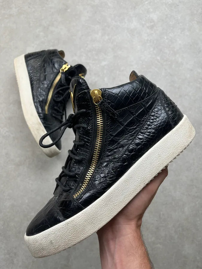2010s Giuseppe Zanotti Black Crocodile Embossed Leather Zip High Sneakers sUQiUye 0