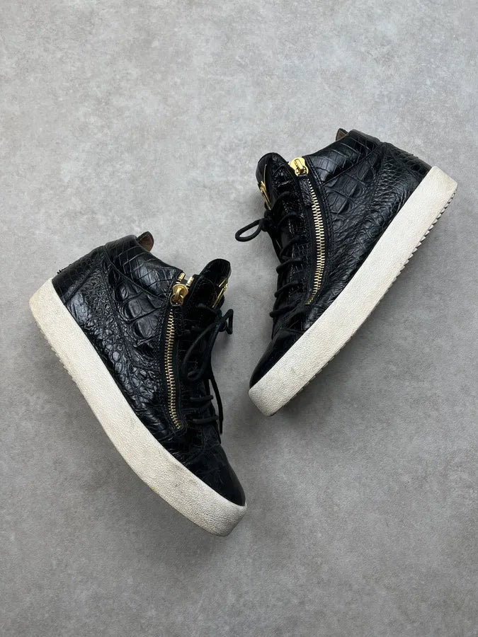 2010s Giuseppe Zanotti Black Crocodile Embossed Leather Zip High Sneakers sUQiUye 1