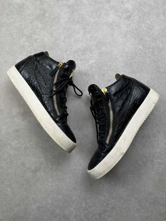 2010s Giuseppe Zanotti Black Crocodile Embossed Leather Zip High Sneakers sUQiUye 2