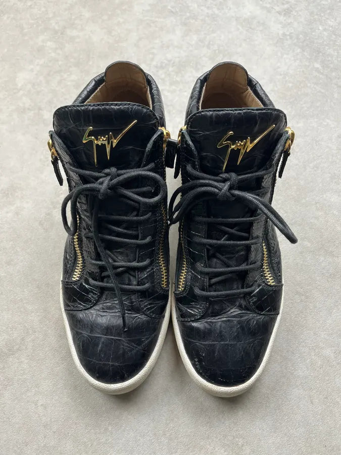2010s Giuseppe Zanotti Black Crocodile Embossed Leather Zip High Sneakers sUQiUye 3