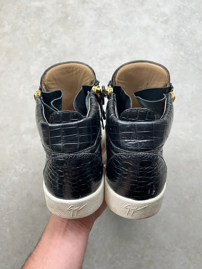2010s Giuseppe Zanotti Black Crocodile Embossed Leather Zip High Sneakers sUQiUye 4