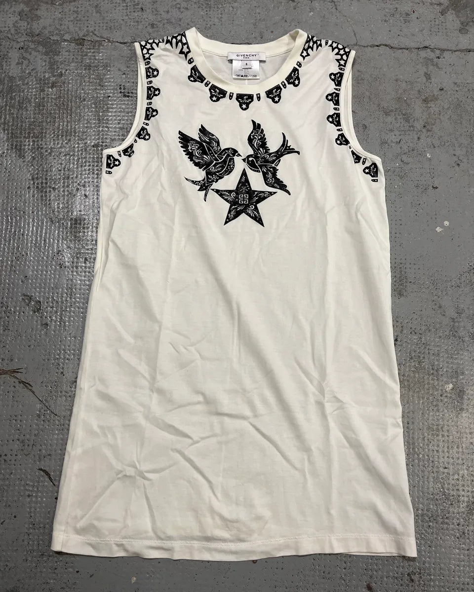 2010s Givenchy Black Birds Stars Print White Tank Top by Tisci AakUmcf 0