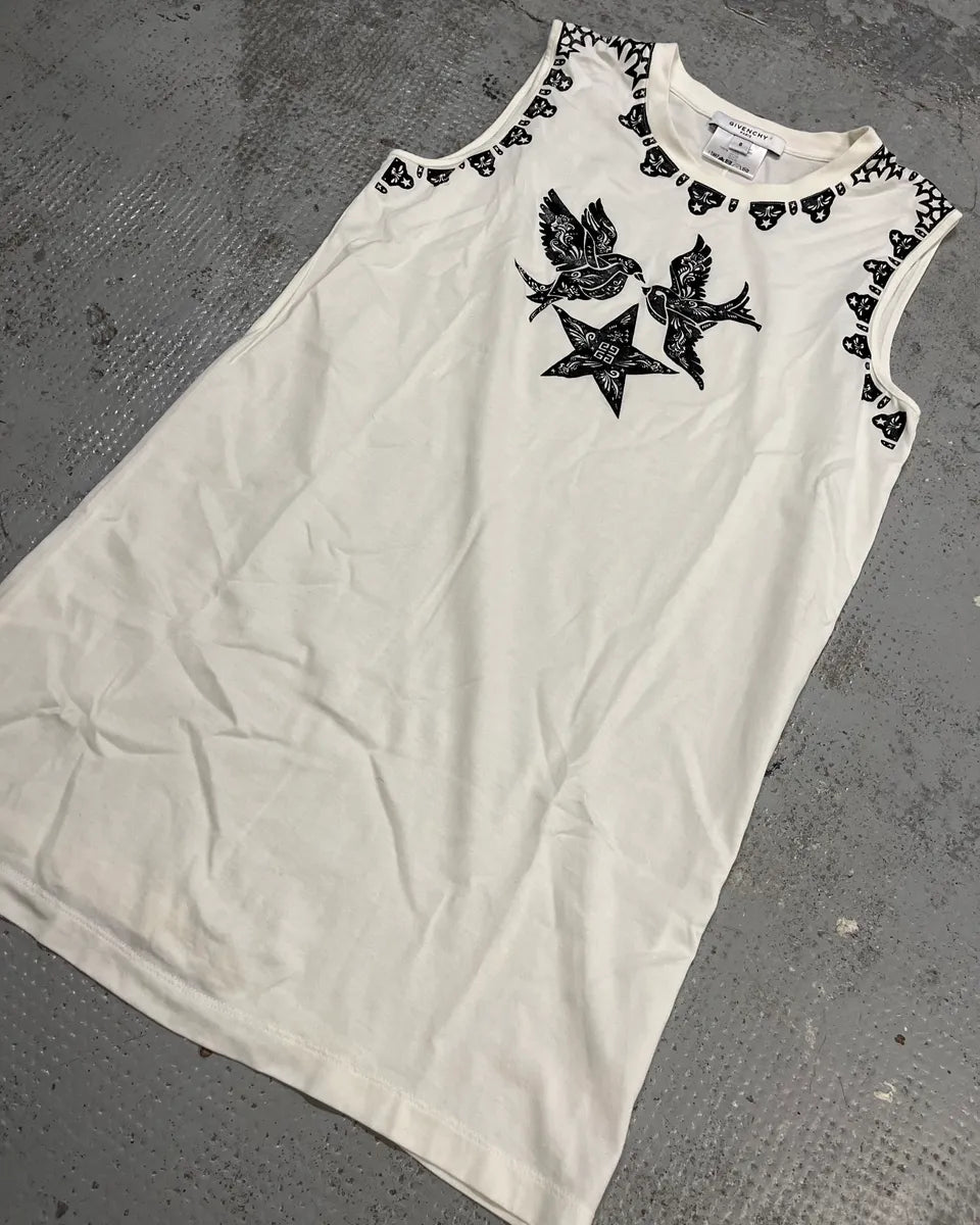 2010s Givenchy Black Birds Stars Print White Tank Top by Tisci AakUmcf 3
