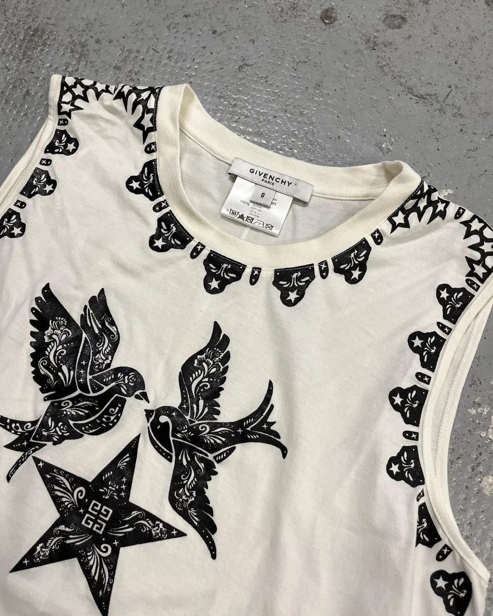 2010s Givenchy Black Birds Stars Print White Tank Top by Tisci AakUmcf 4