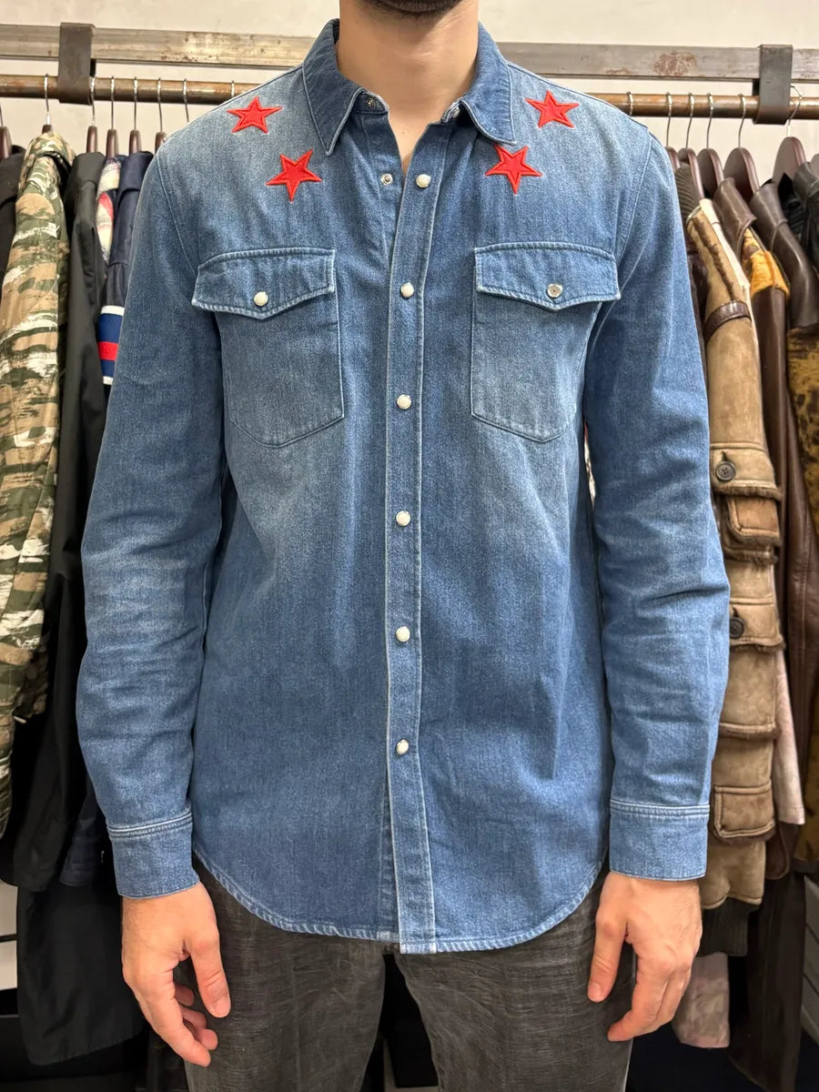 2010s Givenchy Red Stars Blue Denim Shirt by Riccardo Tisci fIvchJN 0