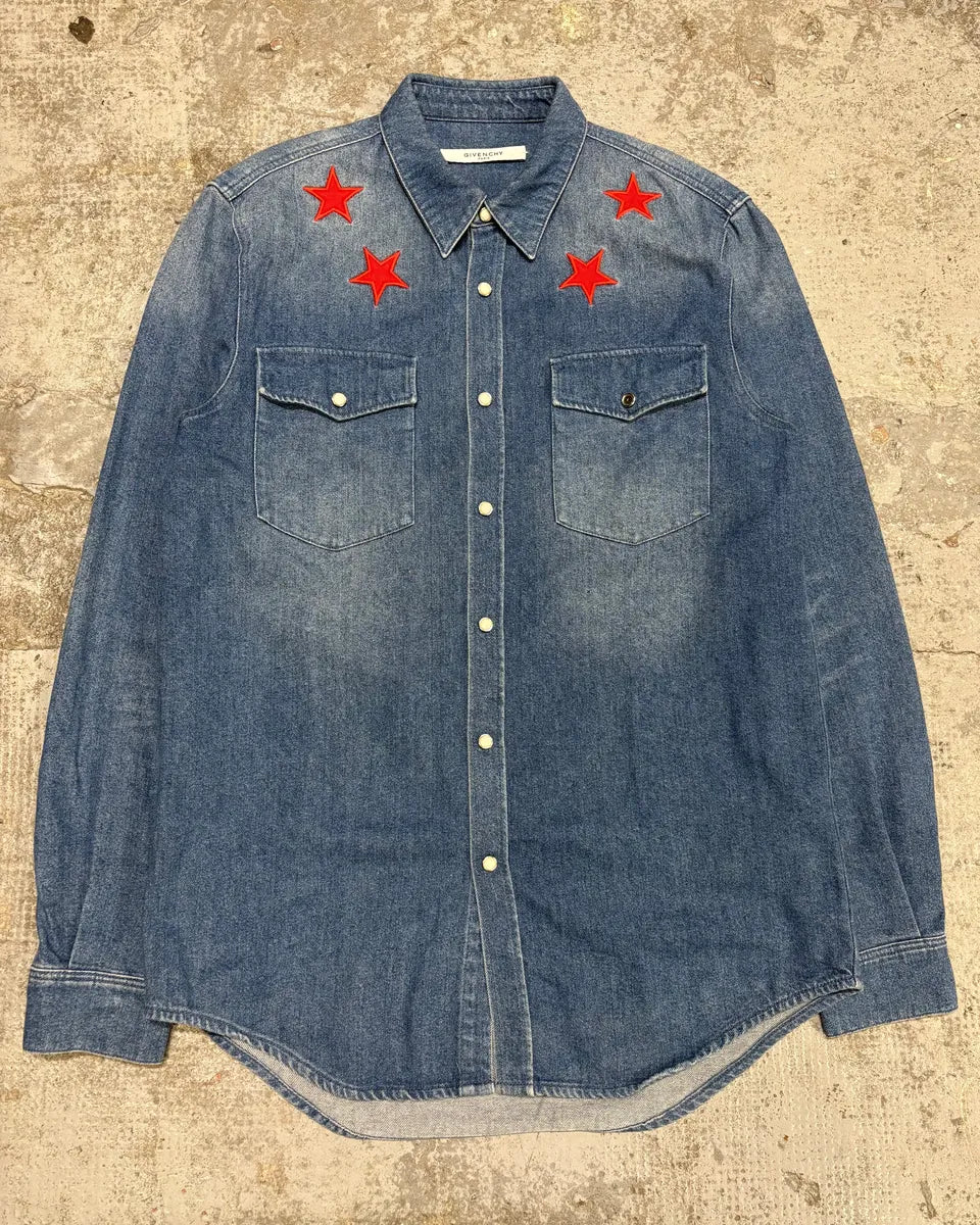 2010s Givenchy Red Stars Blue Denim Shirt by Riccardo Tisci fIvchJN 1