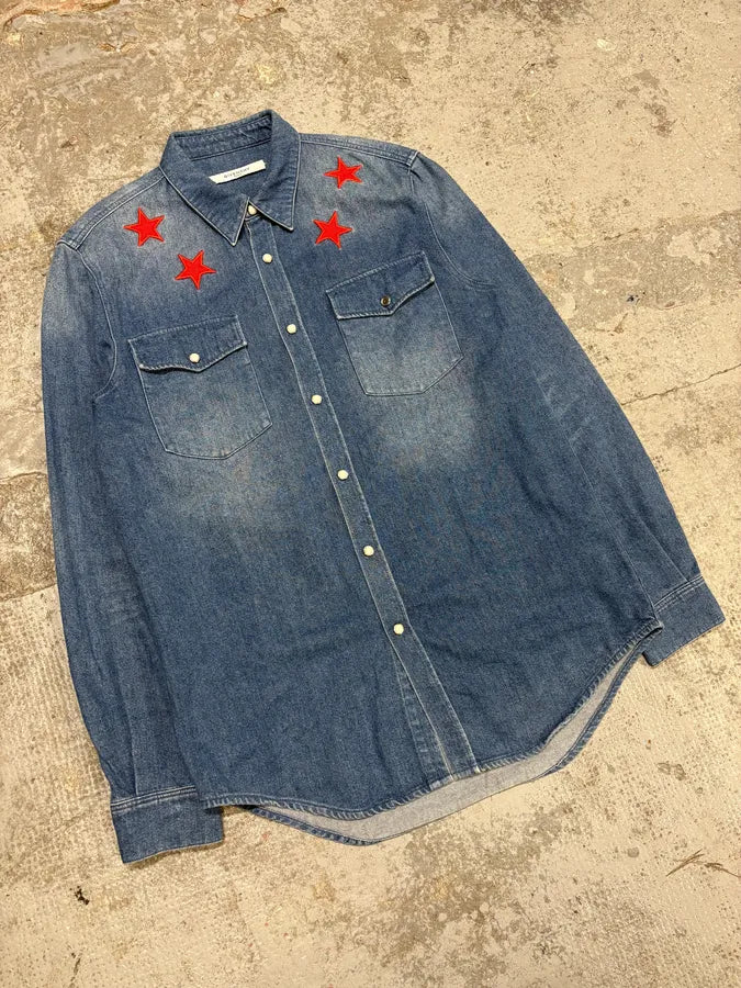 2010s Givenchy Red Stars Blue Denim Shirt by Riccardo Tisci fIvchJN 3