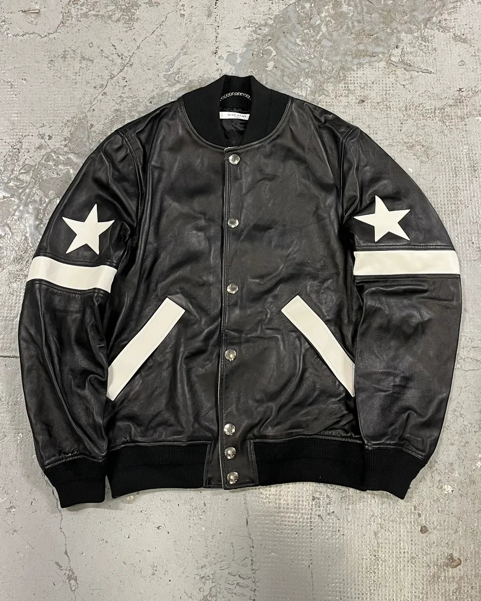 SS2014 Givenchy Stars Black Leather Bomber Jacket rSmaDFW 0