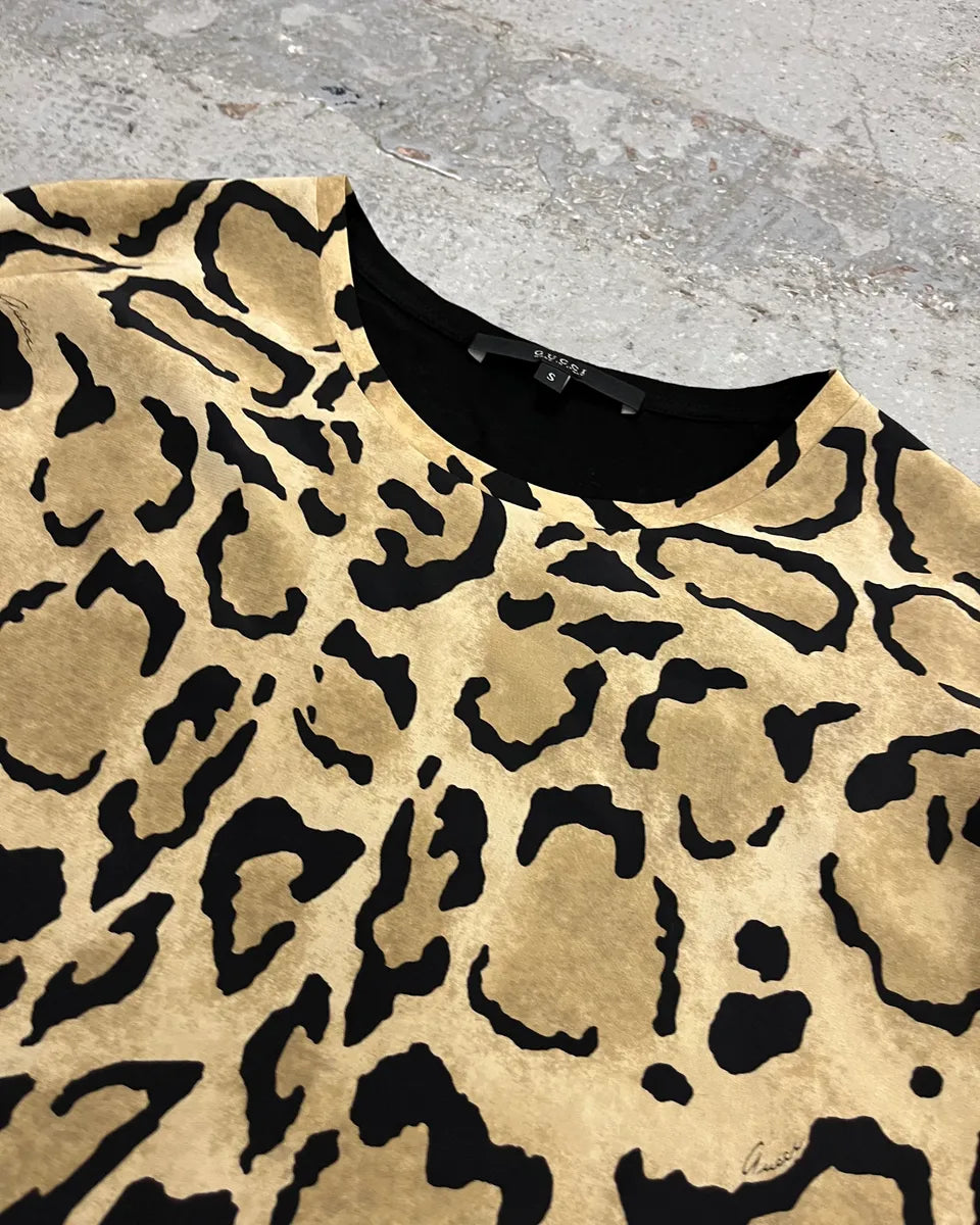 2010s Gucci Beige Silk Leopard & Black T-Shirt by Frida Giannini WRbsXKc 4