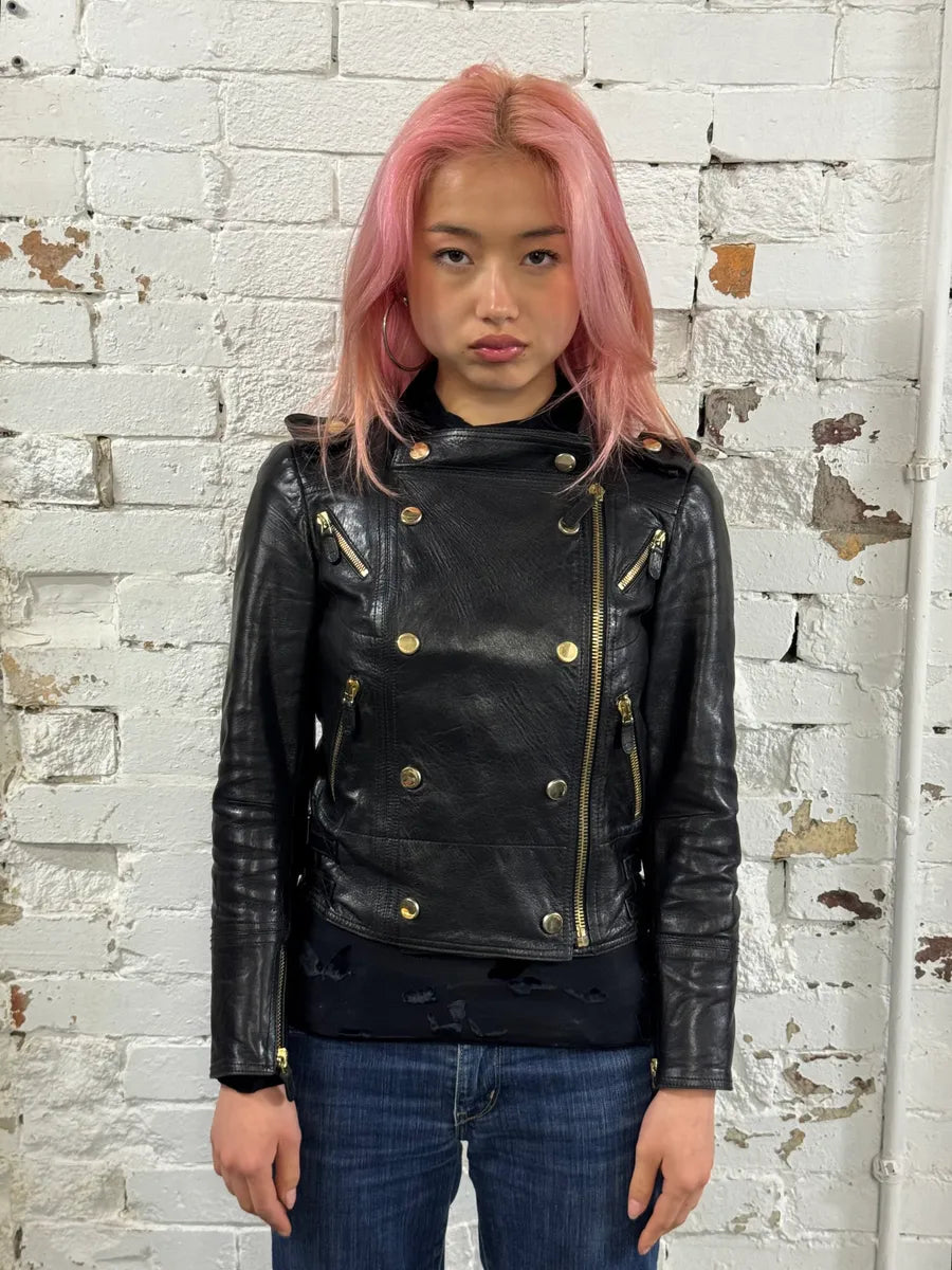 2010s Gucci Black Leather Gold-Studded Biker Jacket ybsDUej 0
