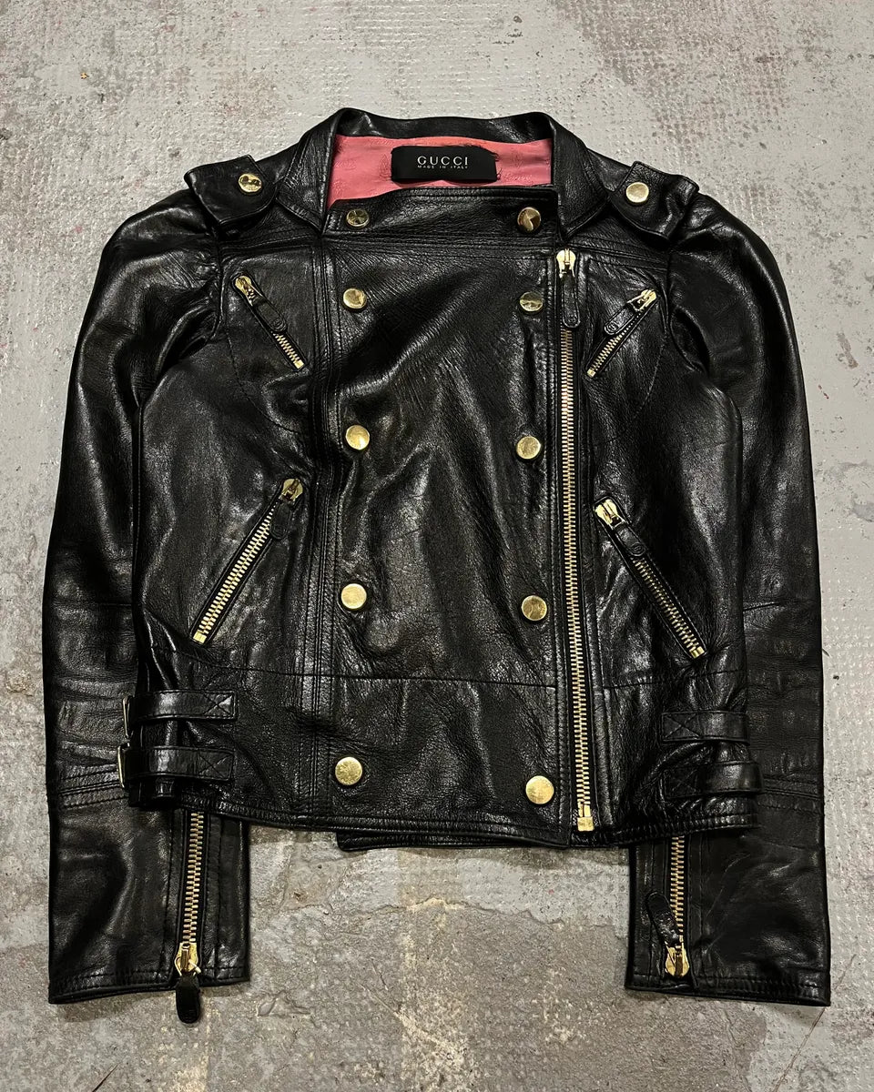 2010s Gucci Black Leather Gold-Studded Biker Jacket ybsDUej 2