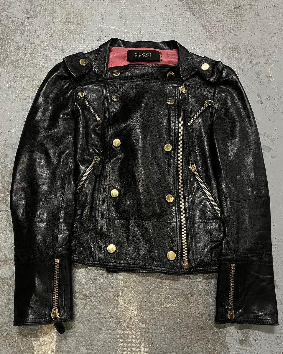 2010s Gucci Black Leather Gold-Studded Biker Jacket ybsDUej 3