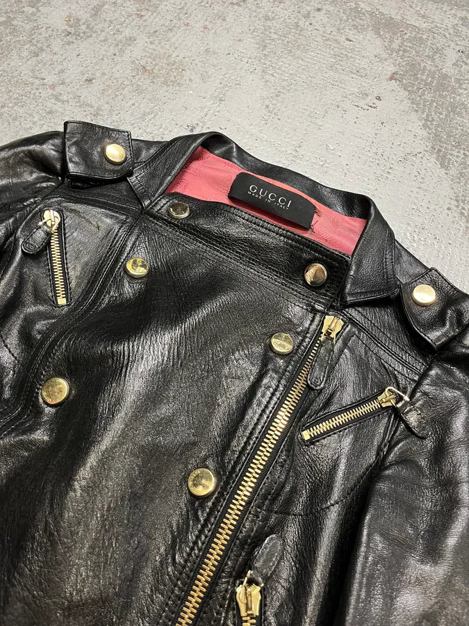 2010s Gucci Black Leather Gold-Studded Biker Jacket ybsDUej 4