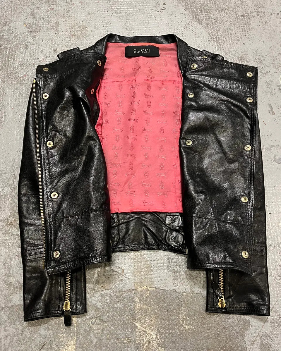 2010s Gucci Black Leather Gold-Studded Biker Jacket ybsDUej 7
