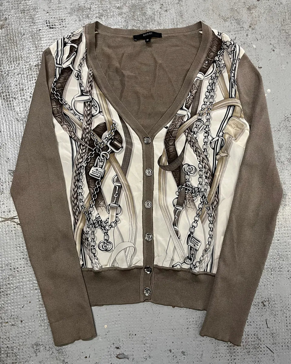 2010s Gucci Cream Silk Chain Print Grey Sleeves Cardigan pBdwqbe 0