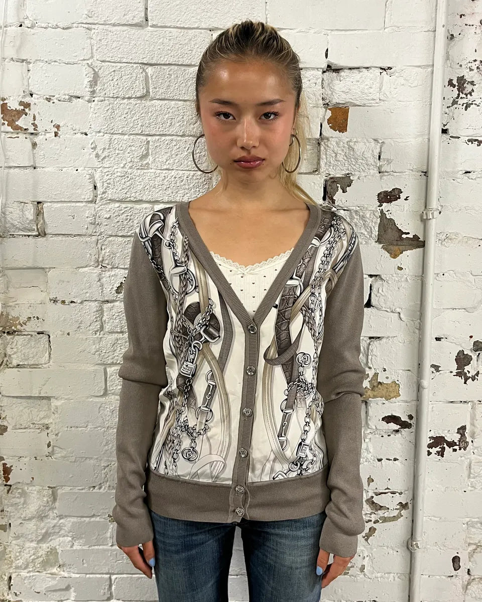 2010s Gucci Cream Silk Chain Print Grey Sleeves Cardigan pBdwqbe 1