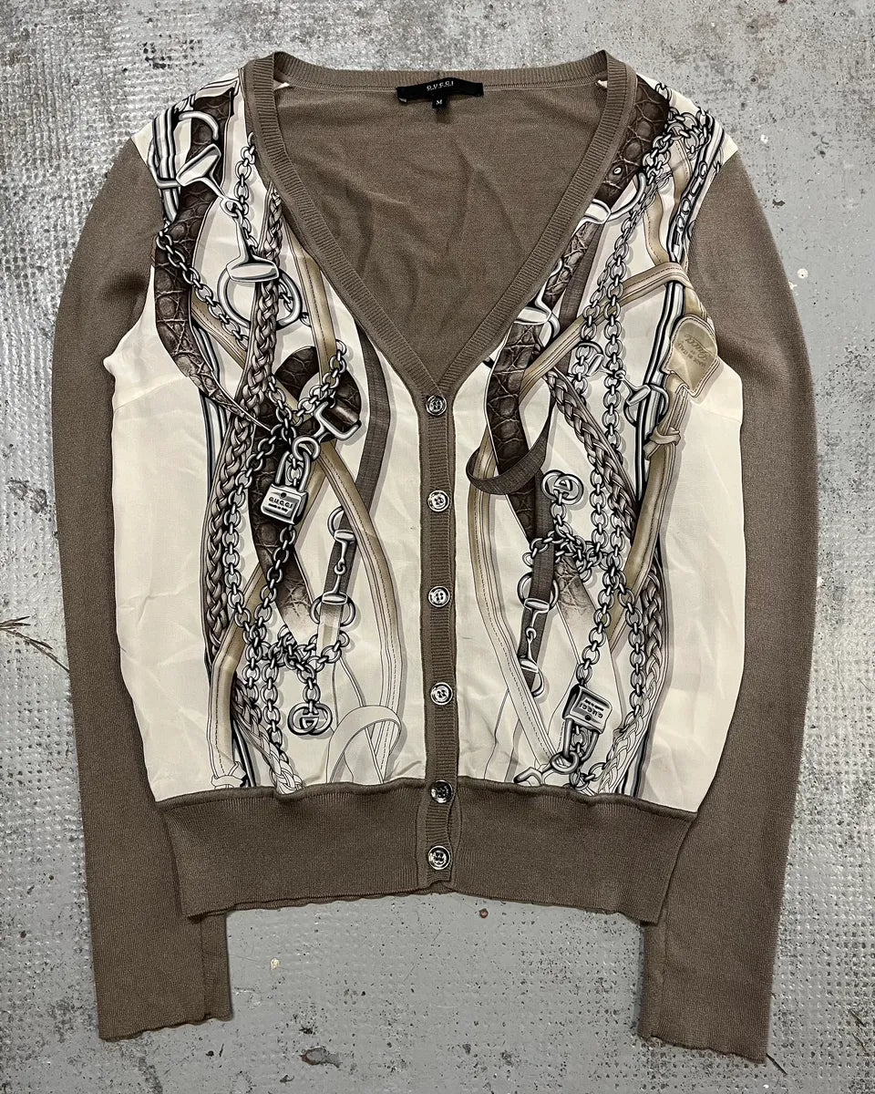 2010s Gucci Cream Silk Chain Print Grey Sleeves Cardigan pBdwqbe 3