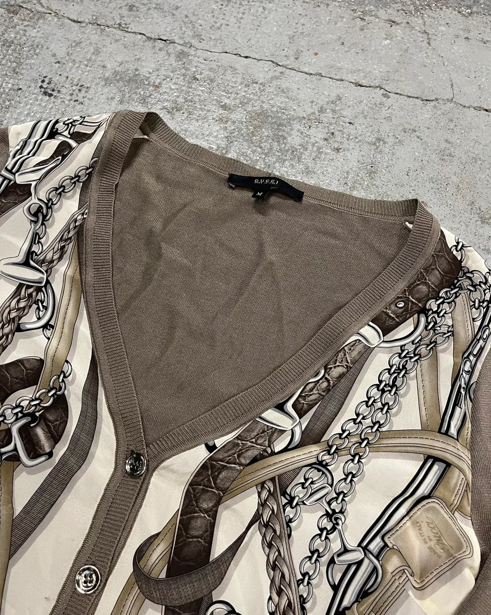 2010s Gucci Cream Silk Chain Print Grey Sleeves Cardigan pBdwqbe 4