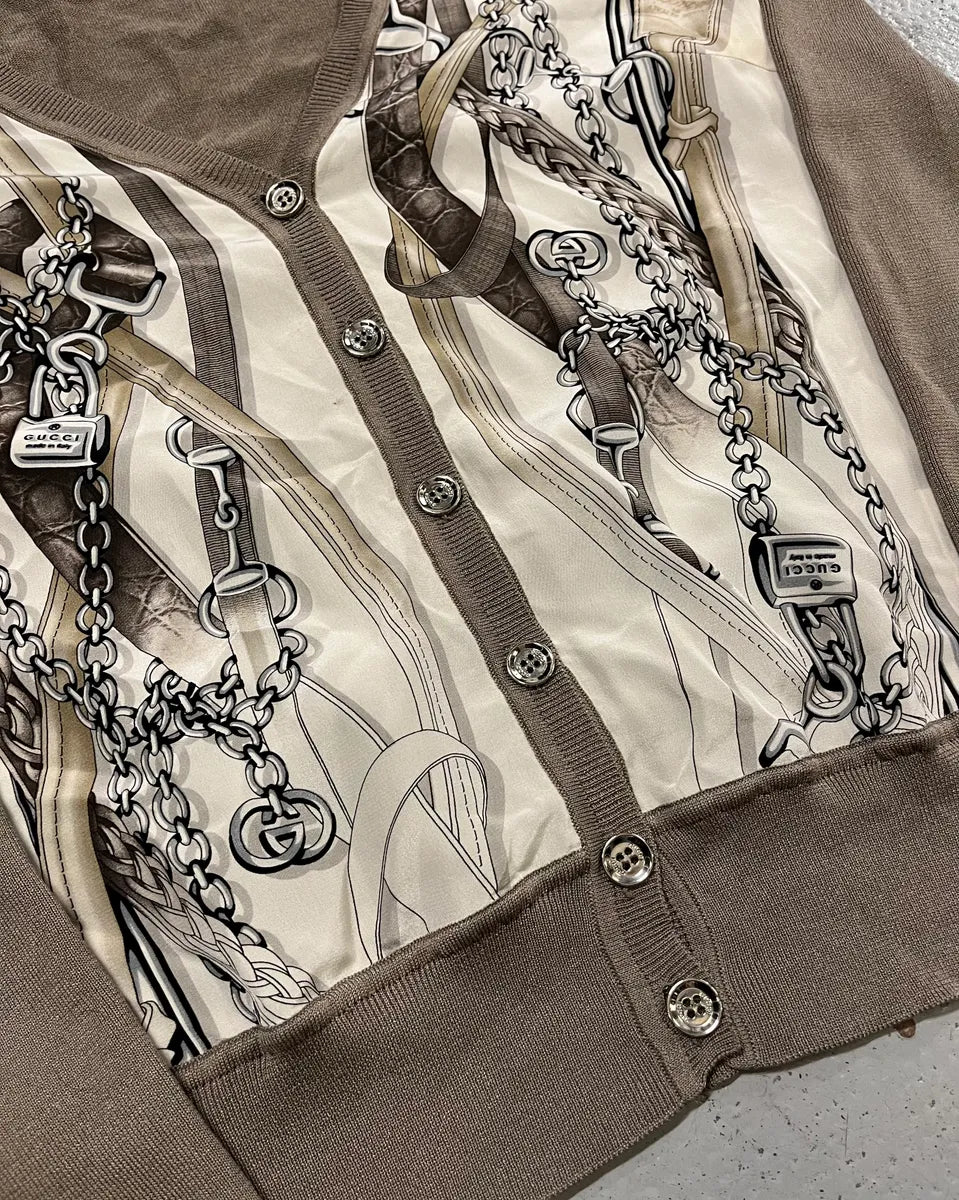 2010s Gucci Cream Silk Chain Print Grey Sleeves Cardigan pBdwqbe 5
