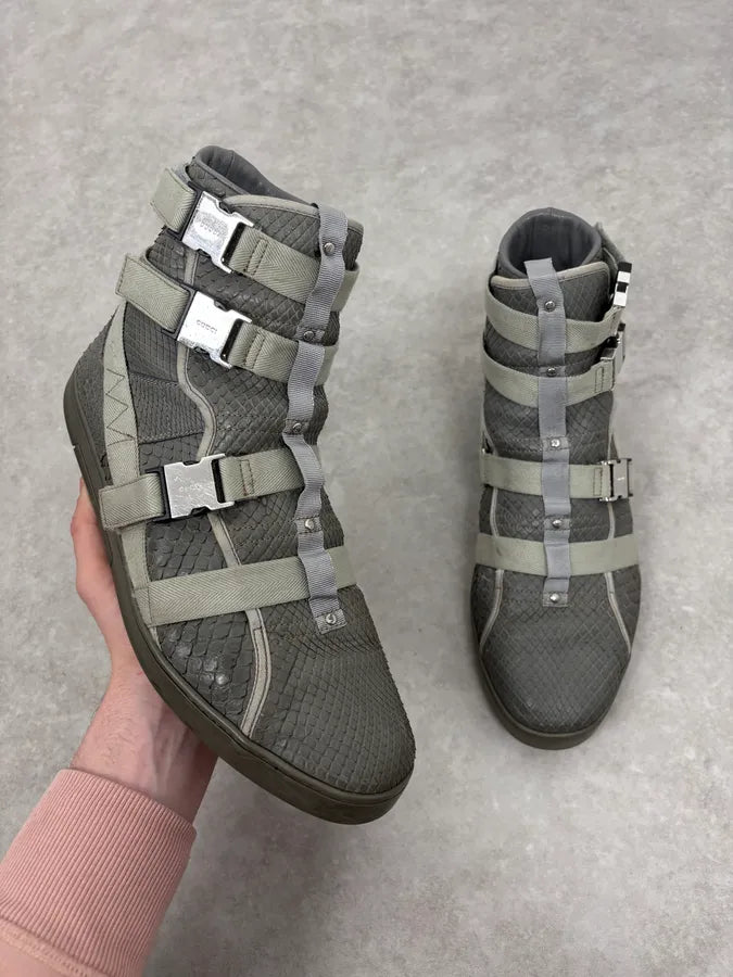 2010s Gucci Grey Avant-Garde Python Leather Buckles High Sneakers xnkBHop 0
