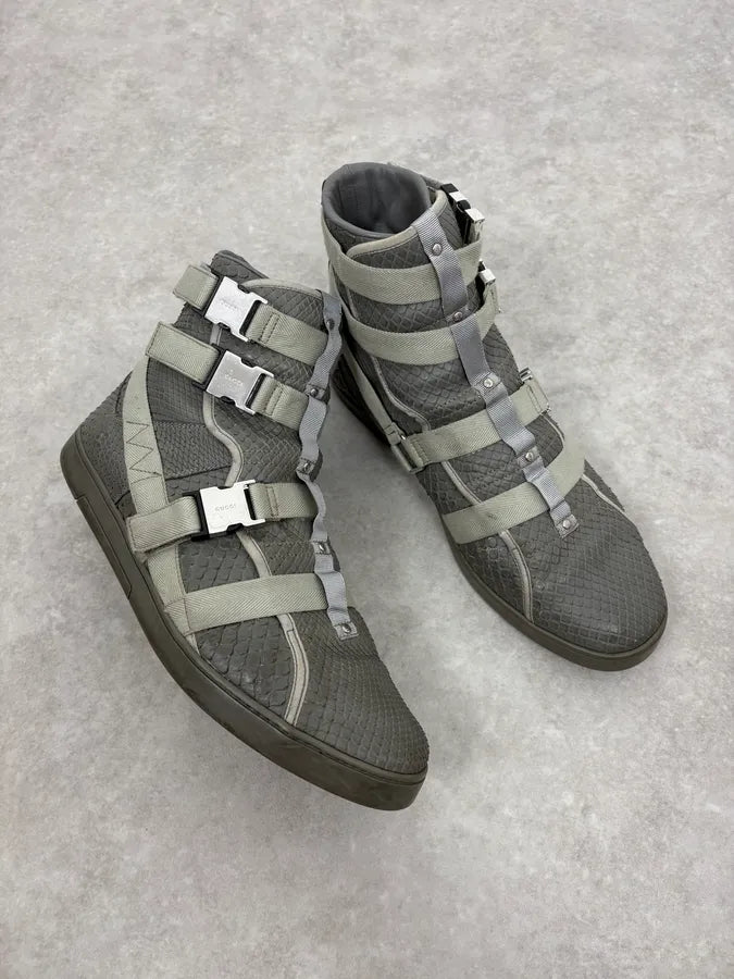 2010s Gucci Grey Avant-Garde Python Leather Buckles High Sneakers xnkBHop 4
