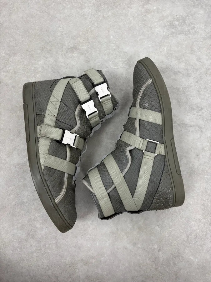 2010s Gucci Grey Avant-Garde Python Leather Buckles High Sneakers xnkBHop 5