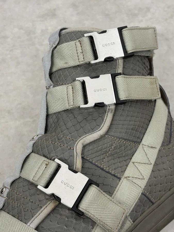 2010s Gucci Grey Avant-Garde Python Leather Buckles High Sneakers xnkBHop 8