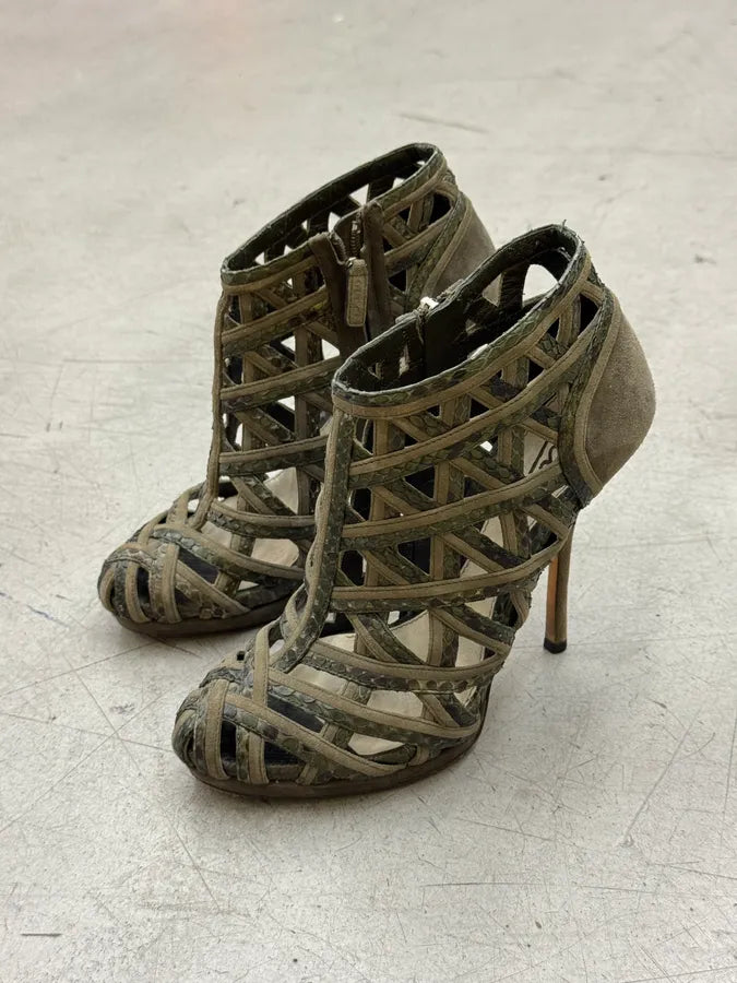 2010s Gucci Khaki Python Leather Strappy Caged Heels OrWHfwM 1