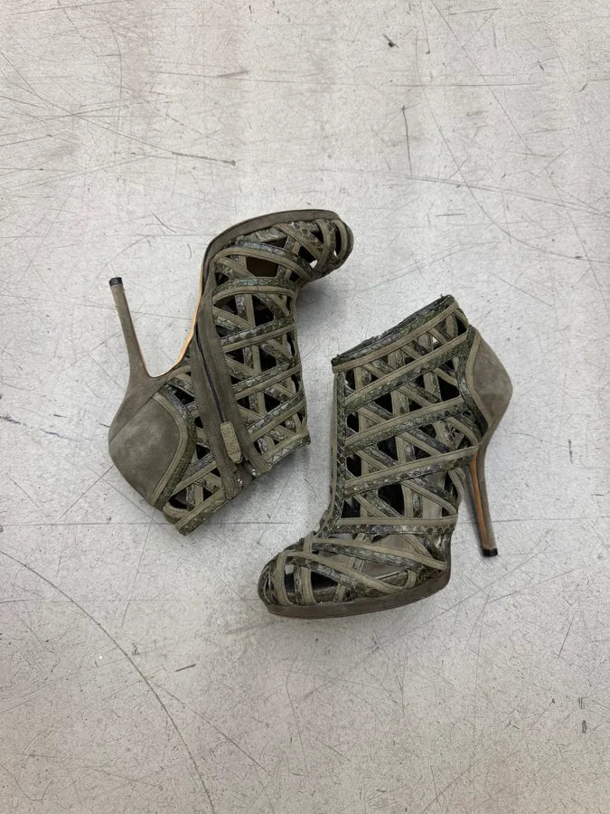 2010s Gucci Khaki Python Leather Strappy Caged Heels OrWHfwM 3