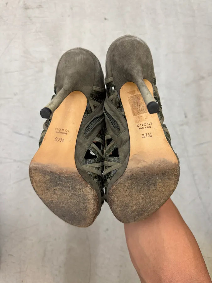 2010s Gucci Khaki Python Leather Strappy Caged Heels OrWHfwM 5