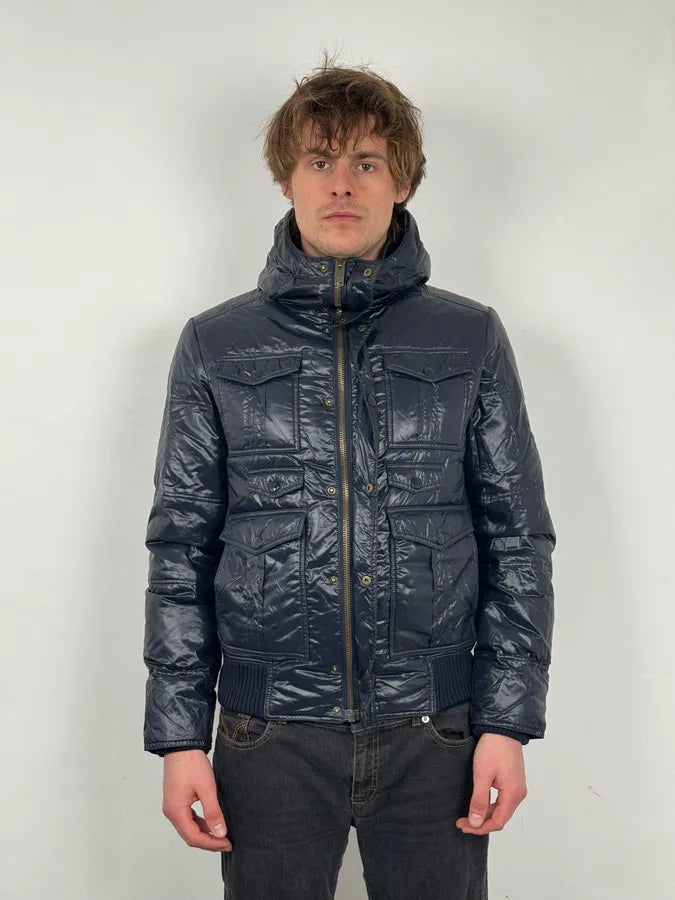 AW2008 Gucci Navy Satin Hooded Puffer Bomber Jacket yLCZNaD 1