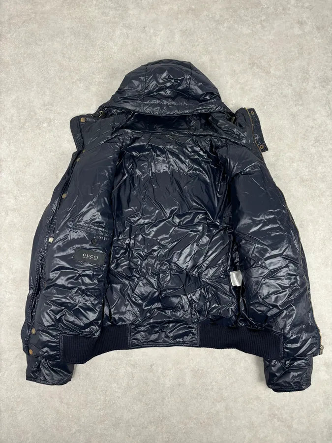 AW2008 Gucci Navy Satin Hooded Puffer Bomber Jacket yLCZNaD 6
