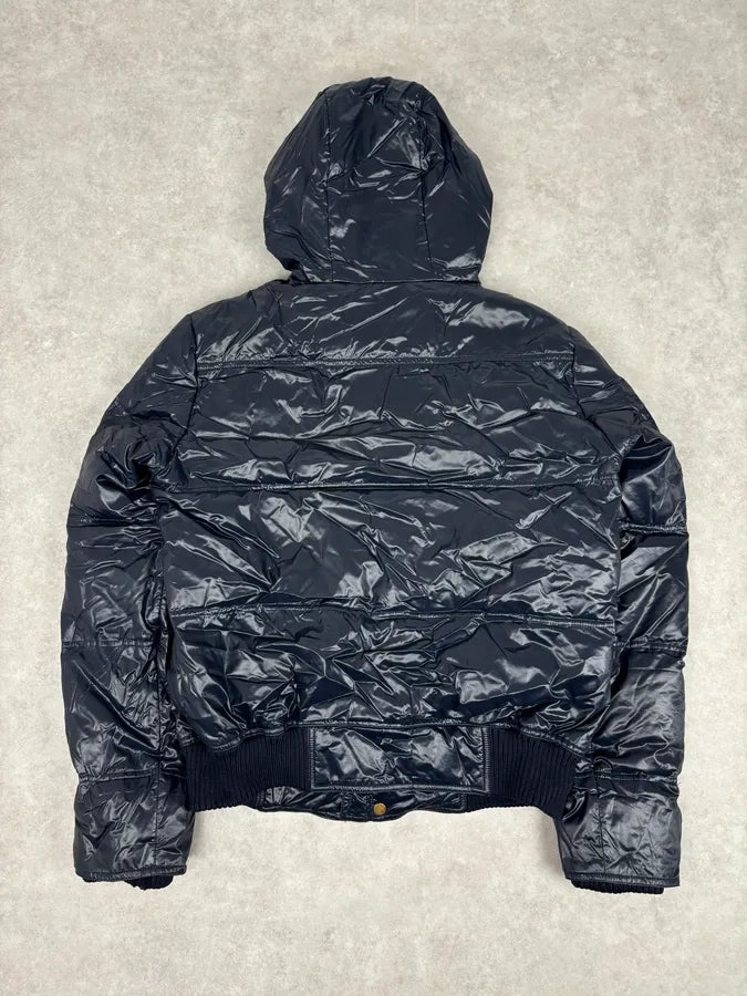 AW2008 Gucci Navy Satin Hooded Puffer Bomber Jacket yLCZNaD 4