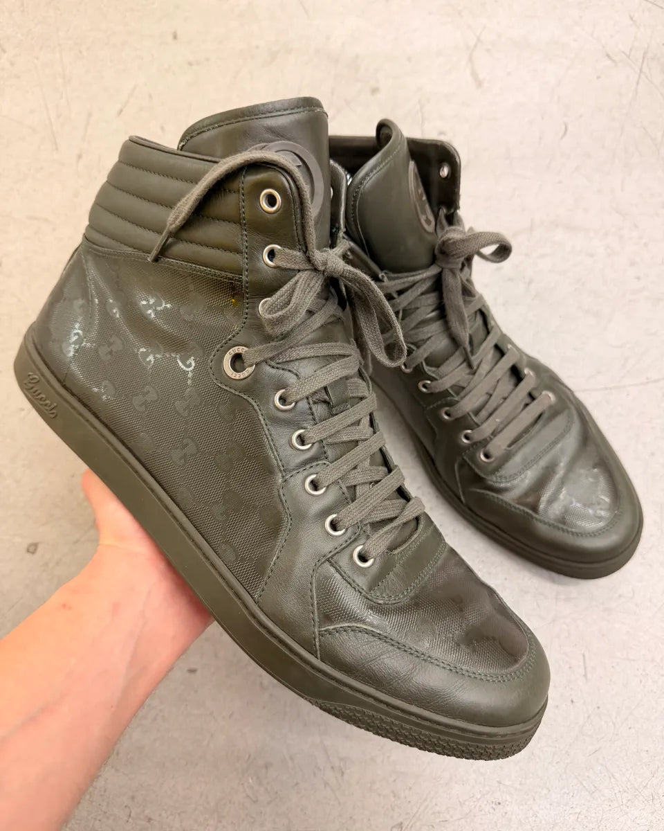 2010s Gucci Olive Coda Leather Monogram High Sneakers by Frida Giannini fJXLGUB 0