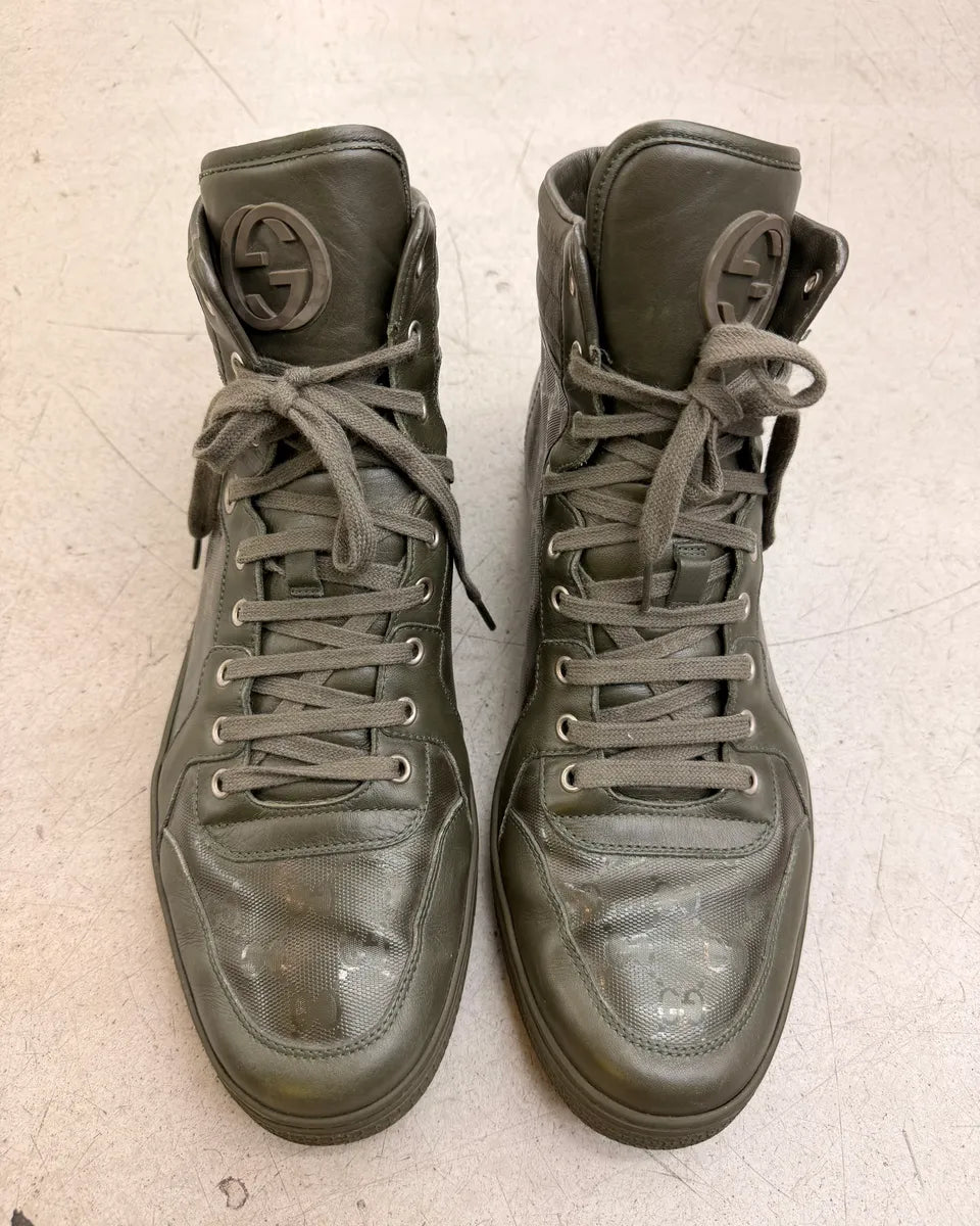 2010s Gucci Olive Coda Leather Monogram High Sneakers by Frida Giannini fJXLGUB 1