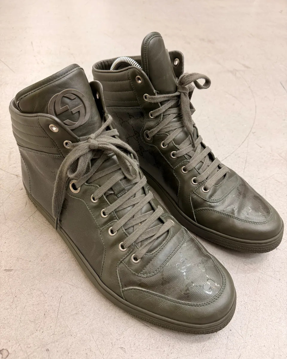 2010s Gucci Olive Coda Leather Monogram High Sneakers by Frida Giannini fJXLGUB 2